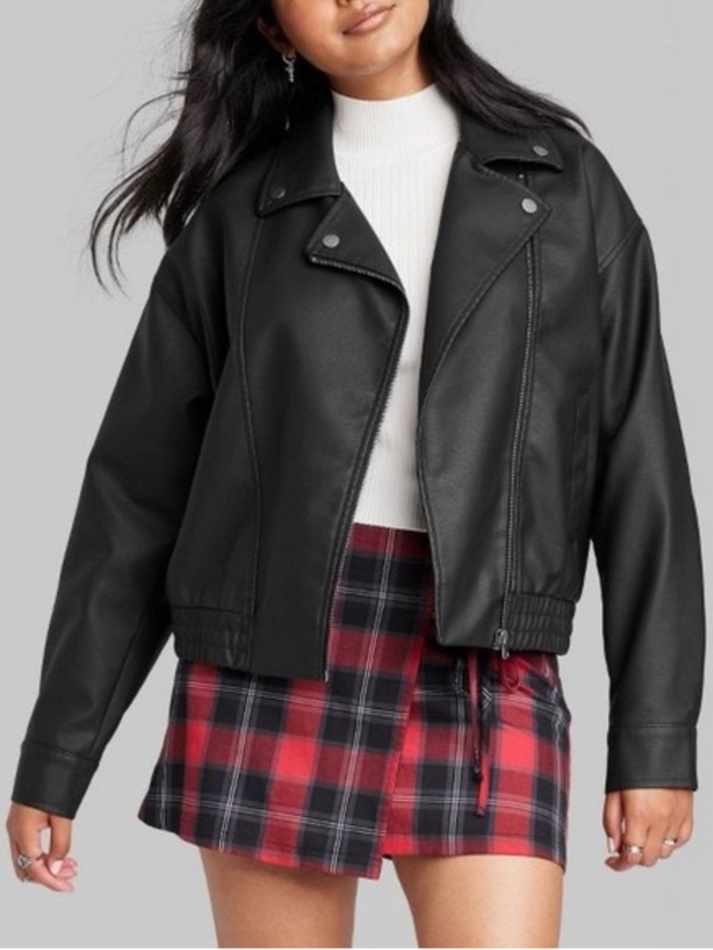 Wild Fable Black Faux Leather Moto Jacket with Red Trim